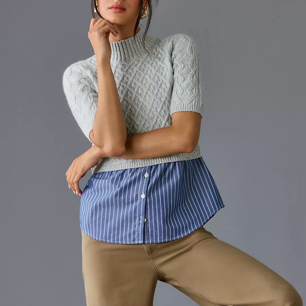 Maeve by Anthropologie Melinda Cable Knit Short Sleeve Twofer Layer Sweater M